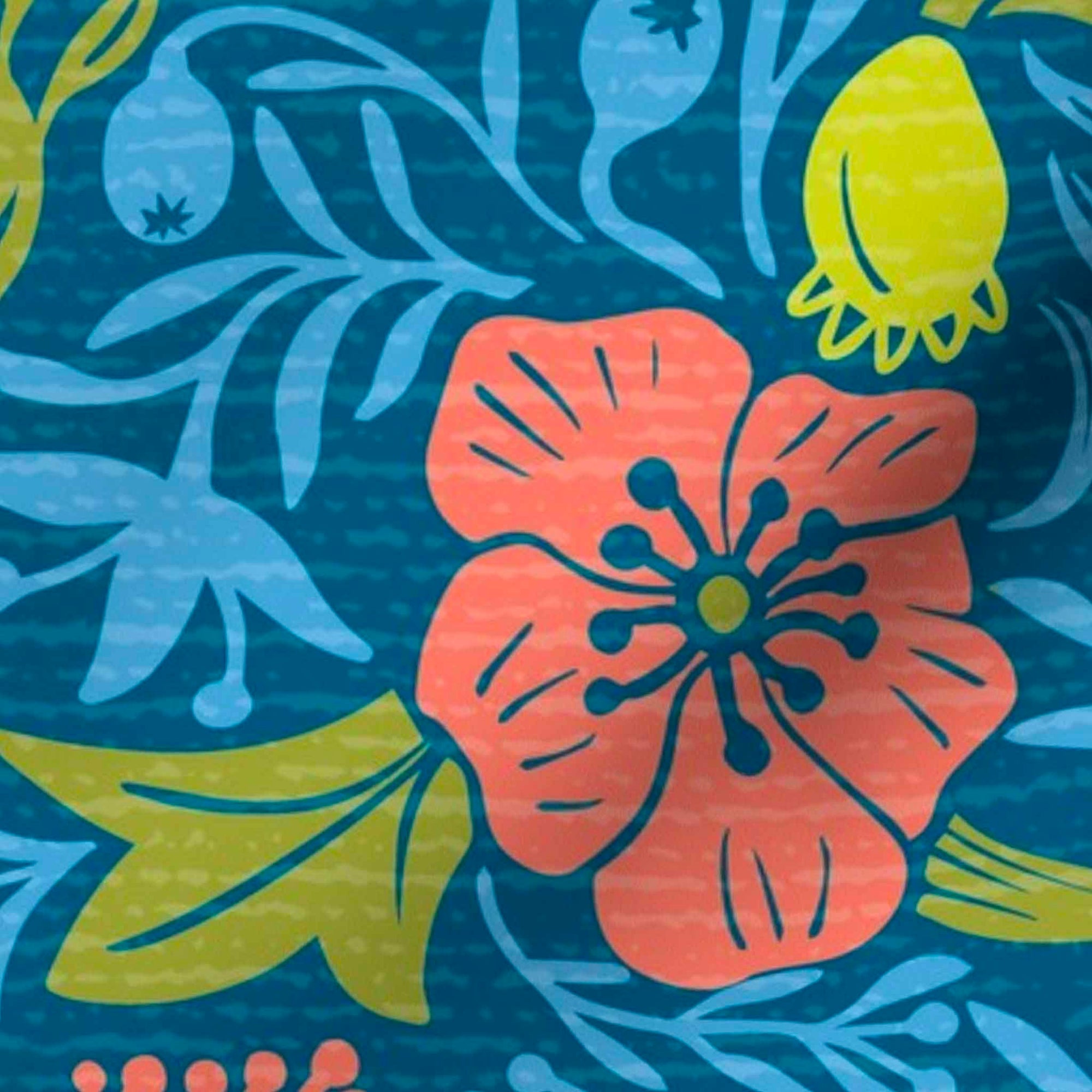 Detail of pink and blue floral pattern curtain.