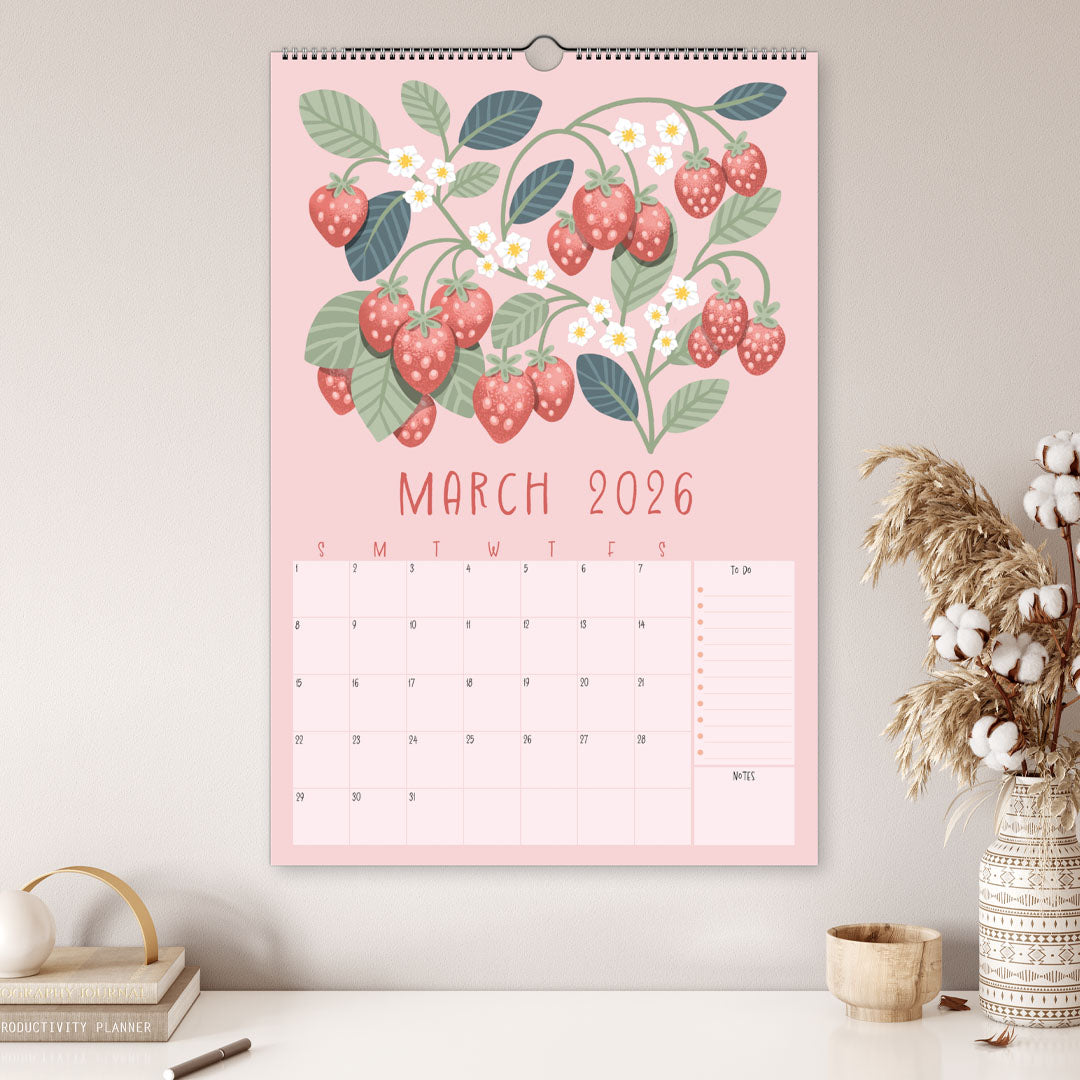 12 month, 11 x 17 Inch wall calendar illustrated with a different fruit for each month.