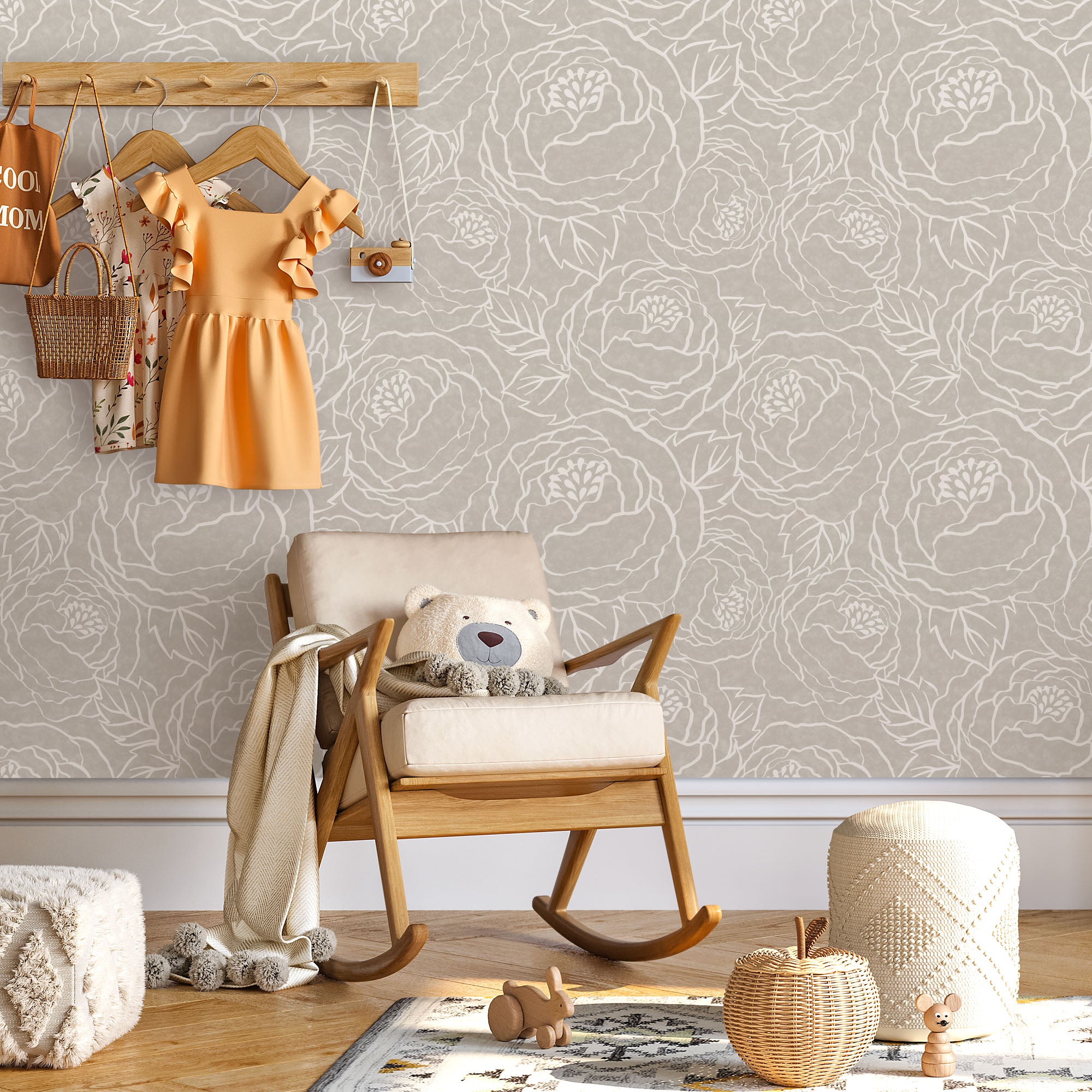 Peony Line Art Wallpaper in Peel & Stick and Prepasted