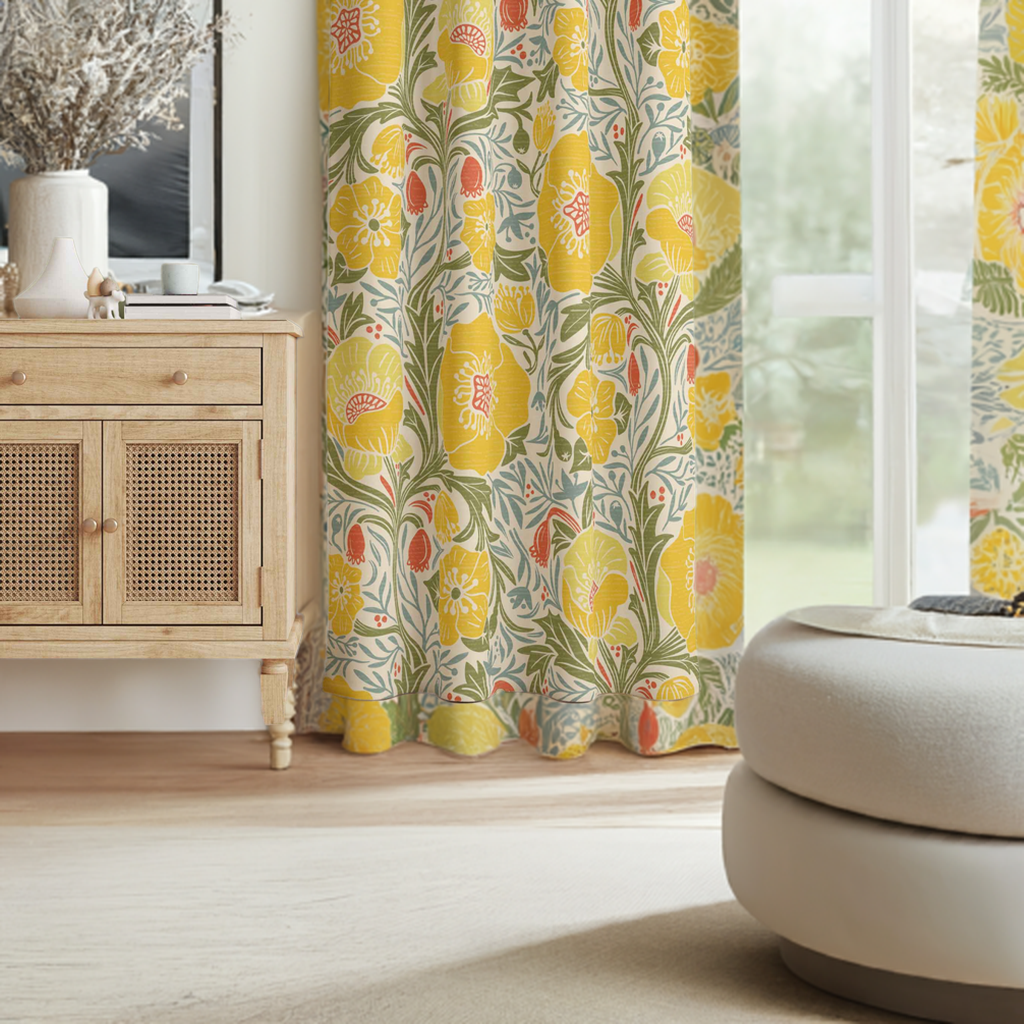 Cheerful Yellow Poppies Curtain Panels will brighten any room. Order yellow, red, or blue. Also come in monotone colors