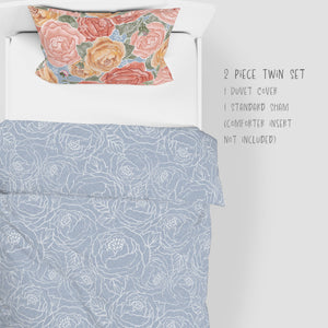 2 Piece Set for Twin sizes - Pretty In Peony Line on Blue comes with Duvet cover and one Sham