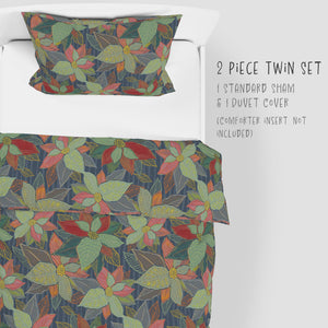2 Piece Set for Twin sizes - Botanical Boho Floral Leaves and Buds Cotton Bedding comes with Duvet cover and one Sham