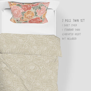 2 Piece Set for Twin sizes - Pretty In Peony Line on Amber comes with Duvet cover and one Sham