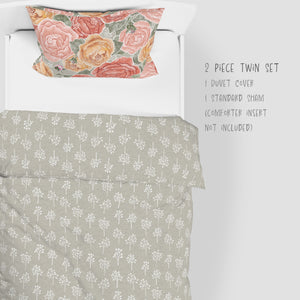 2 Piece Set for Twin sizes - Pretty In Peony Baby’s Breath Sage comes with Duvet cover and one Sham