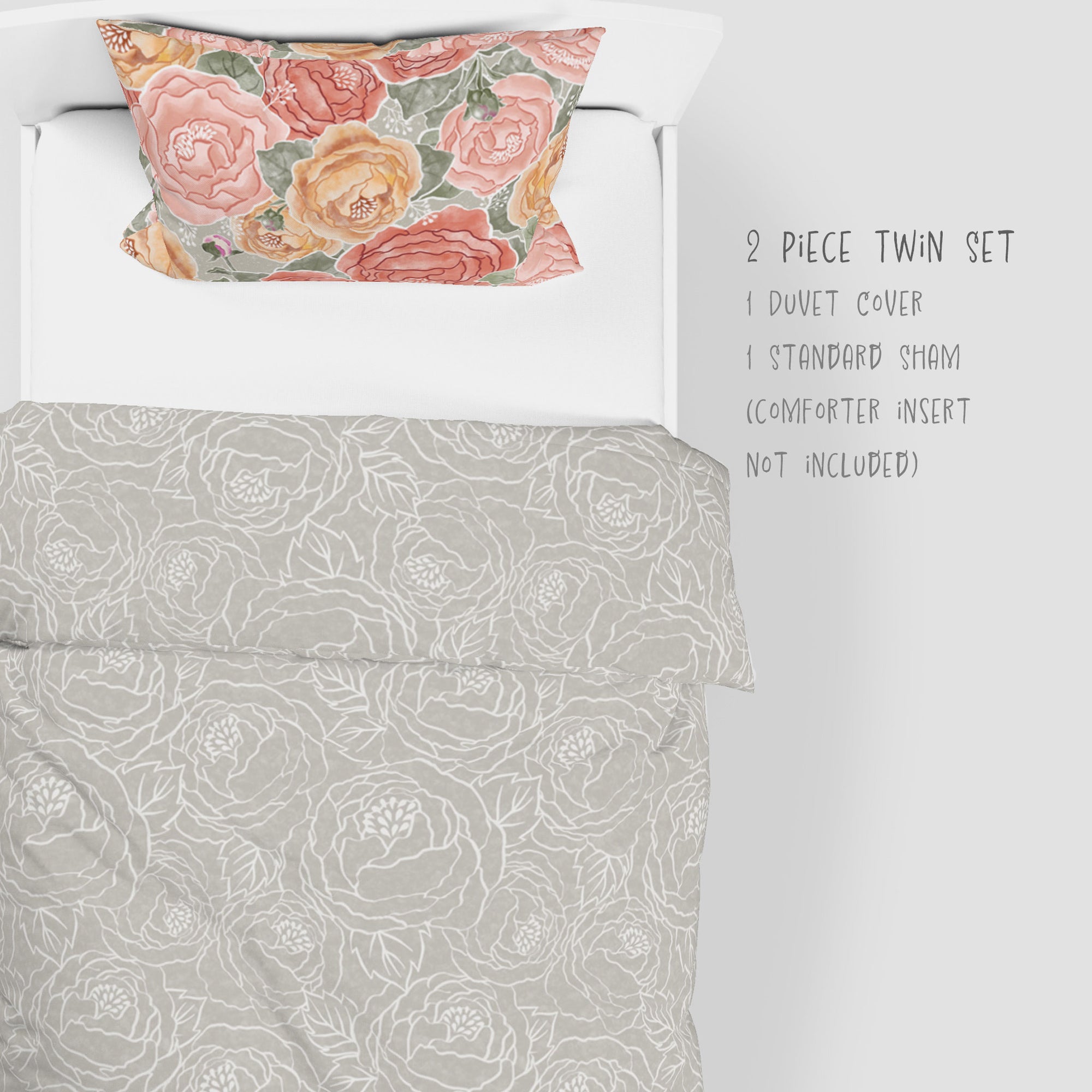  2 Piece Set for Twin sizes - Pretty In Peony Line on Sage comes with Duvet cover and one Sham