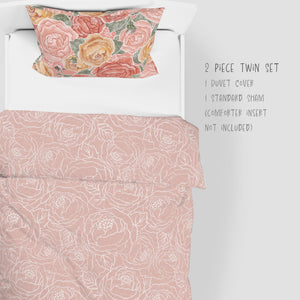 2 Piece Set for Twin sizes - Pretty In Peony Line on Pink comes with Duvet cover and one Sham