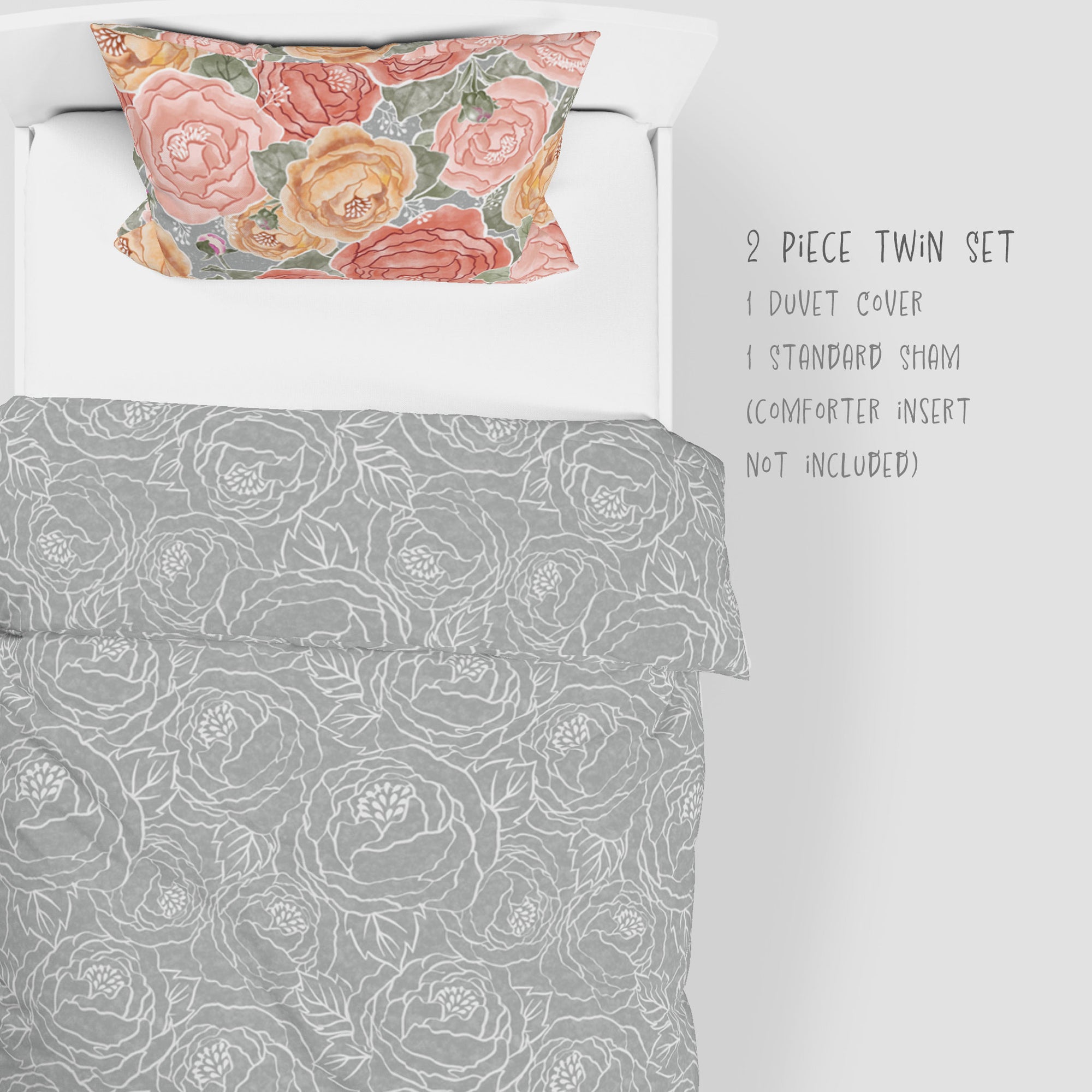 2 Piece Set for Twin sizes - Pretty In Peony Line on Gray comes with Duvet cover and one Sham