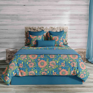 Springtime Poppies in coral on teal duvet cover and matching shams