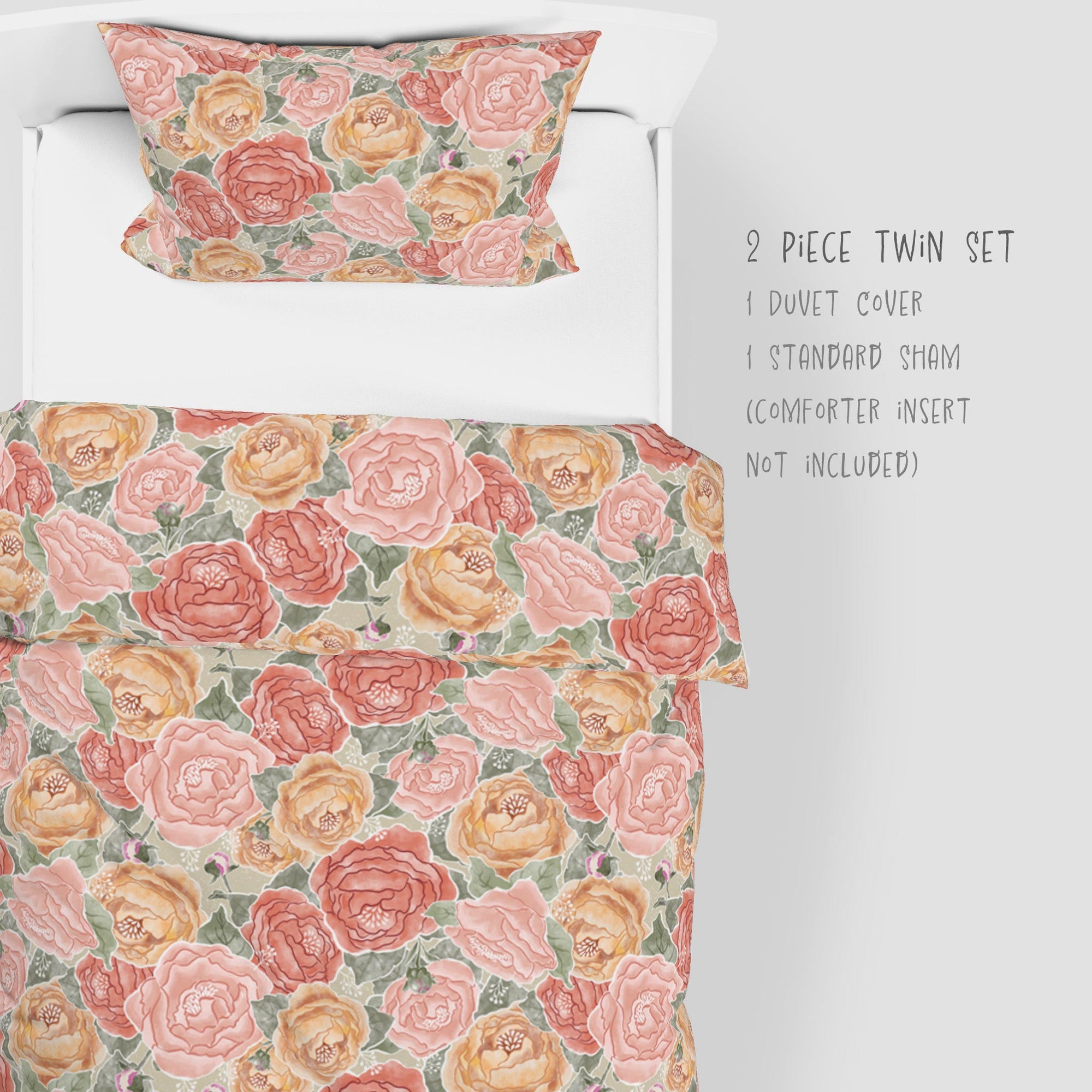 Pretty in Peony Bedding Collection with Amber Background. Twin comes as a 2 piece set: 1 sham and duvet or as 4 piece set: 1 sham, duvet, 1 throw pillow, and 1 lumbar