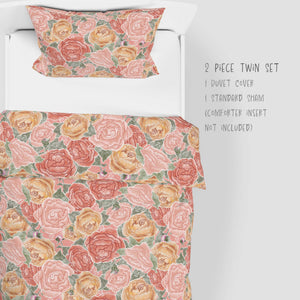 Pretty in Peony Bedding Collection with Pink Background. Twin comes as a 2 piece set: 1 sham and duvet or as 4 piece set: 1 sham, duvet, 1 throw pillow, and 1 lumbar