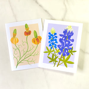 Texas Wildflower illustrated greeting cards. This illustration features Bluebonnets and Mexican Hat. Set of 10 cards, A2 Size (4.25 x 5.5 inch) with envelopes.