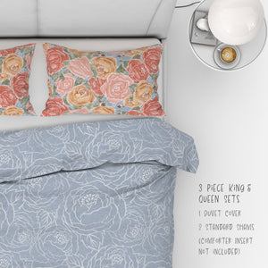 3 Piece Set for Queen & King sizes - Pretty In Peony Line on Blue comes with Duvet cover and two Shams