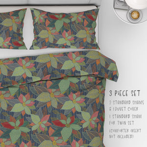 3 Piece Set for Queen & King sizes - Botanical Boho Floral Leaves and Buds Cotton Bedding comes with Duvet cover and two Shams