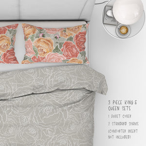 3 Piece Set for Queen & King sizes - Pretty In Peony Line on Sage comes with Duvet cover and two Shams