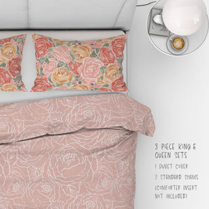 3 Piece Set for Queen & King sizes - Pretty In Peony Line on Pink comes with Duvet cover and two Shams