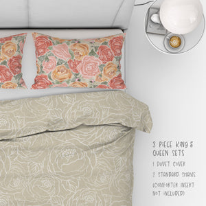 3 Piece Set for Queen & King sizes - Pretty In Peony Line on Amber comes with Duvet cover and two Shams