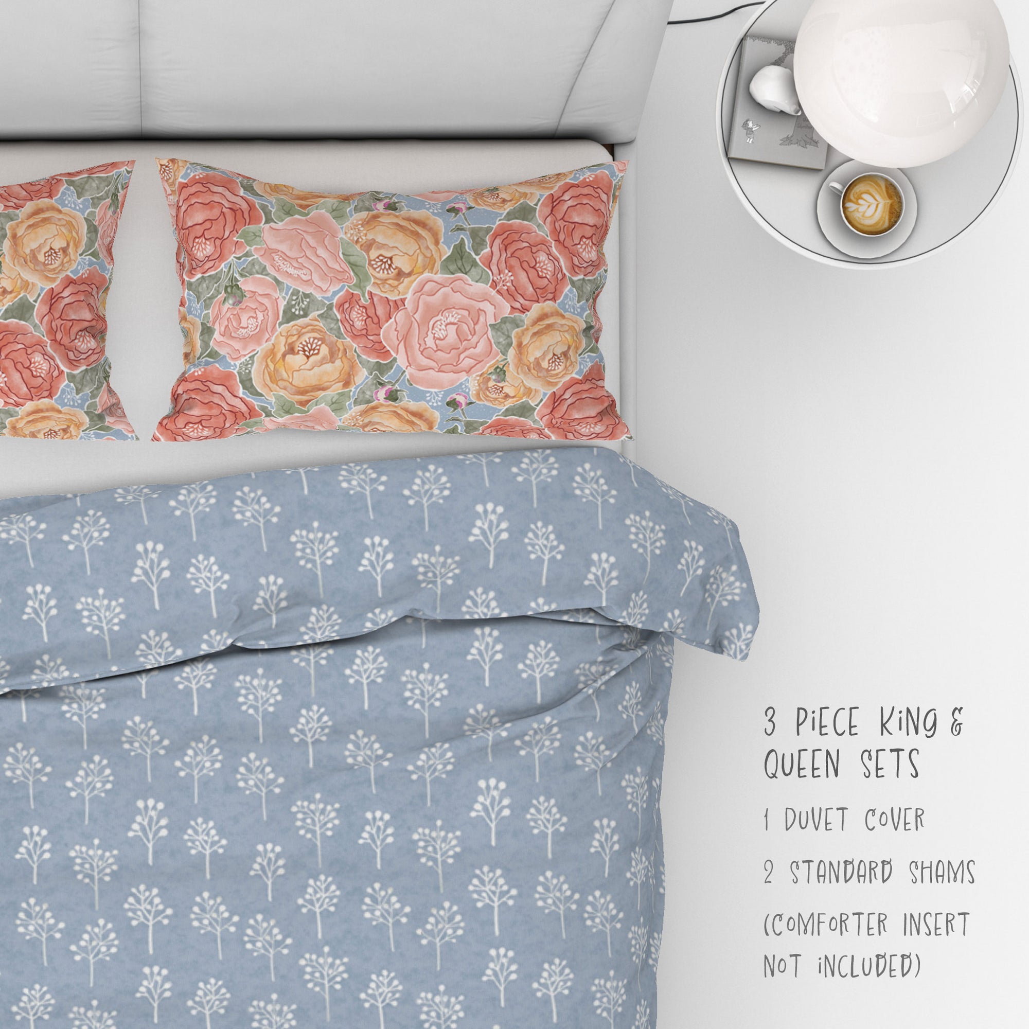 3 Piece Set for Queen & King sizes - Pretty In Peony Baby’s Breath Blue comes with Duvet cover and two Shams