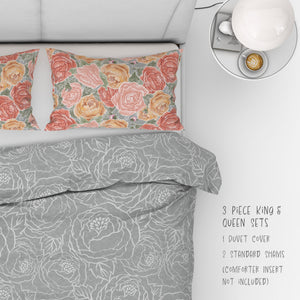3 Piece Set for Queen & King sizes - Pretty In Peony Line on Gray comes with Duvet cover and two Shams