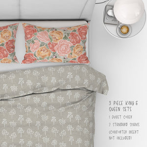  3 Piece Set for Queen & King sizes - Pretty In Peony Baby’s Breath Sage comes with Duvet cover and two Shams