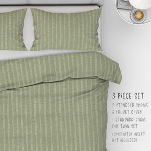 3 Piece Set for Queen & King sizes - Botanical Boho Stripes & Leaves Cotton Bedding comes with Duvet cover and two Shams