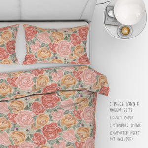 Pretty in Peony Bedding Collection with Amber Background. Buy a three piece set: 2 shams and duvet or as 6 piece set: 2 shams, duvet, 2 throw pillows, and 1 lumbar