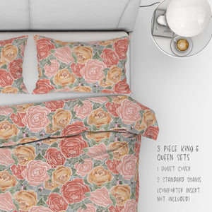 Pretty in Peony Bedding Collection with Gray Background. Buy a three piece set: 2 shams and duvet or as 6 piece set: 2 shams, duvet, 2 throw pillows, and 1 lumbar