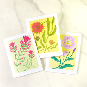Texas Wildflower illustrated greeting cards. This illustration features Indian Paintbrush, Indian Blanket, and Evening Primrose. Set of 10 cards, A2 Size (4.25 x 5.5 inch) with envelopes.