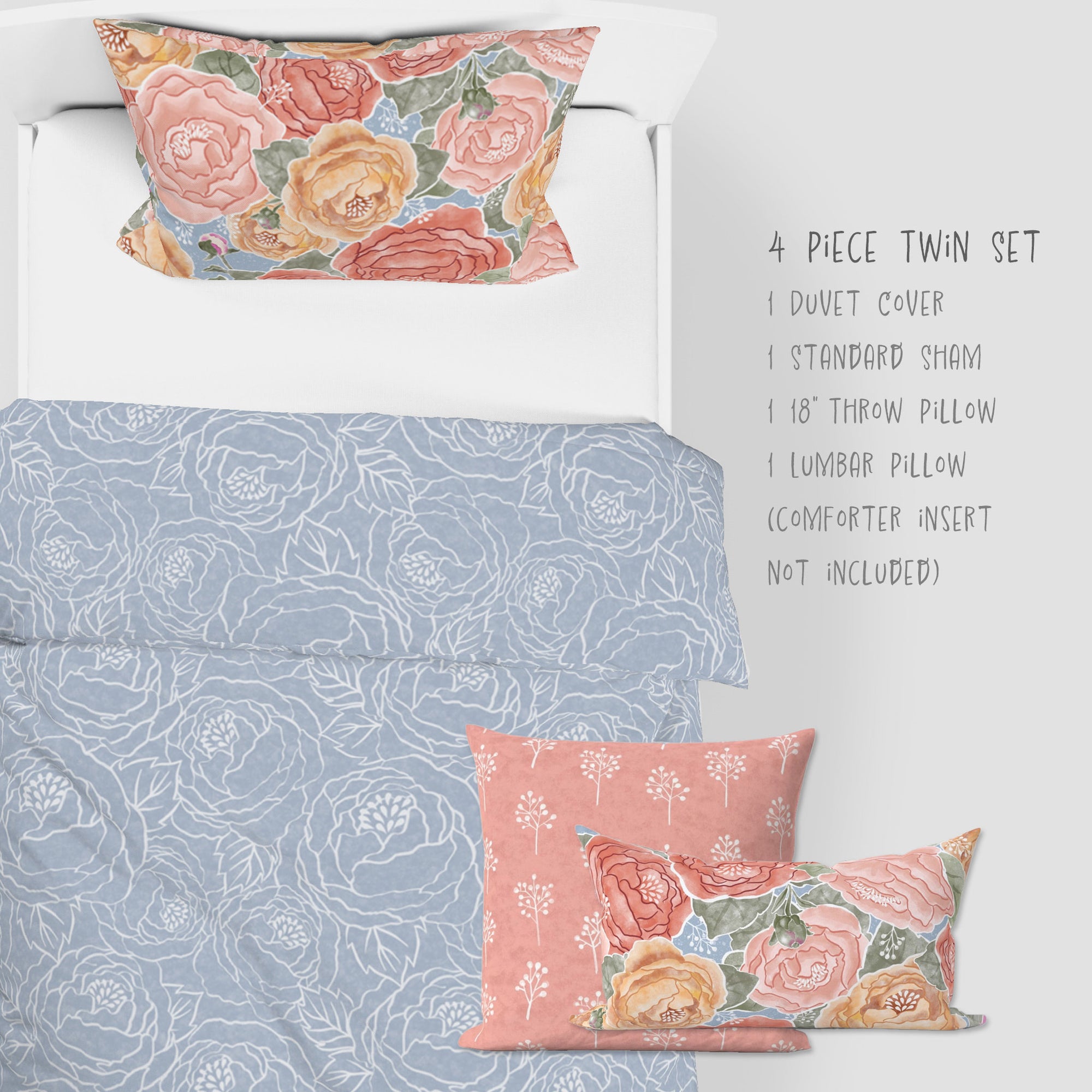 4 Piece Sets for Twin sizes - Pretty In Peony Line on Blue comes with Duvet cover, one Sham, 1 18” Throw Pillows and 1 Lumbar Pillow