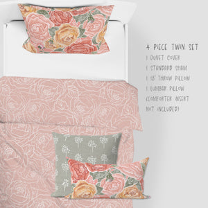 4 Piece Sets for Twin sizes - Pretty In Peony Line on Pink comes with Duvet cover, one Sham, 1 18” Throw Pillows and 1 Lumbar Pillow