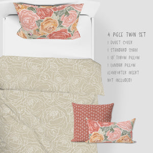 4 Piece Sets for Twin sizes - Pretty In Peony Line on Amber comes with Duvet cover, one Sham, 1 18” Throw Pillows and 1 Lumbar Pillow