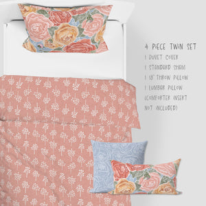 4 Piece Sets for Twin sizes - Pretty In Peony Baby’s Breath Pink comes with Duvet cover, one Sham, 1 18” Throw Pillows and 1 Lumbar Pillow