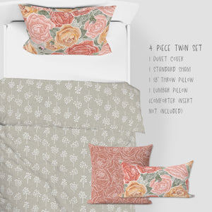 4 Piece Sets for Twin sizes - Pretty In Peony Baby’s Breath Sage comes with Duvet cover, one Sham, 1 18” Throw Pillows and 1 Lumbar Pillow