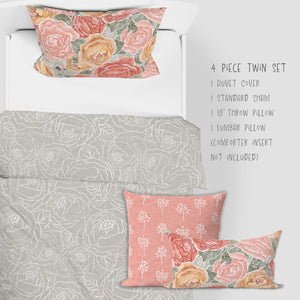 4 Piece Sets for Twin sizes - Pretty In Peony Line on Sage comes with Duvet cover, one Sham, 1 18” Throw Pillows and 1 Lumbar Pillow