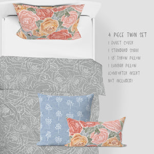 4 Piece Sets for Twin sizes - Pretty In Peony Line on Gray comes with Duvet cover, one Sham, 1 18” Throw Pillows and 1 Lumbar Pillow