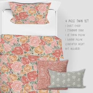 Pretty in Peony Bedding Collection with Amber Background. Twin comes as a 2 piece set: 1 sham and duvet or as 4 piece set: 1 sham, duvet, 1 throw pillow, and 1 lumbar
