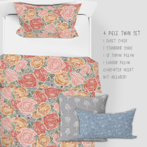 Pretty in Peony Bedding Collection with Gray Background. Twin comes as a 2 piece set: 1 sham and duvet or as 4 piece set: 1 sham, duvet, 1 throw pillow, and 1 lumbar