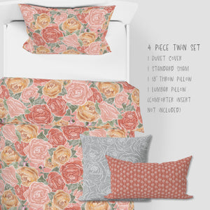 Pretty in Peony Bedding Collection with Pink Background. Twin comes as a 2 piece set: 1 sham and duvet or as 4 piece set: 1 sham, duvet, 1 throw pillow, and 1 Lumbar