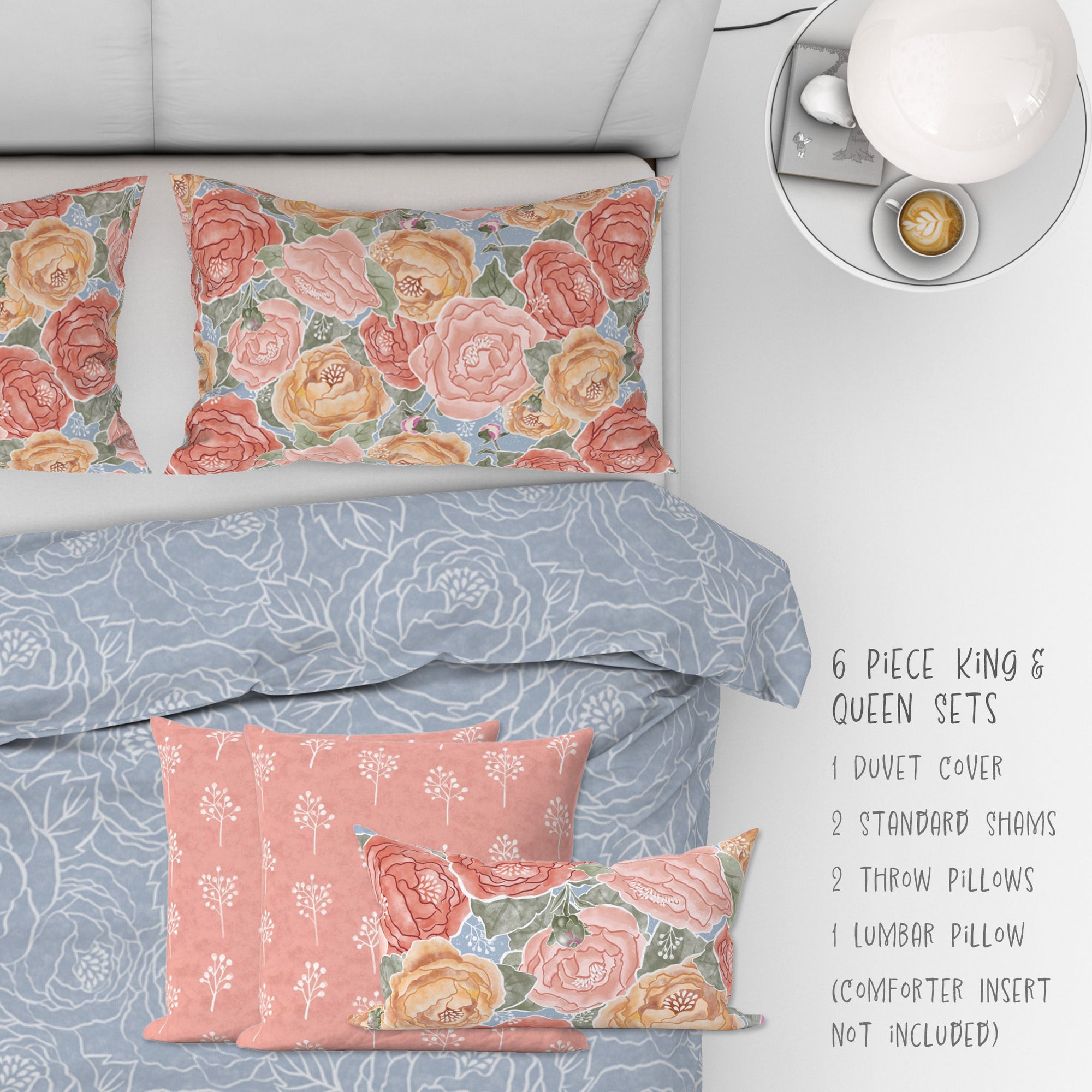 6 Piece Sets for Queen & King sizes - Pretty In Peony Line on Blue comes with Duvet cover, two Shams, 2 18” Throw Pillows and 1 Lumbar Pillow