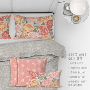 6 Piece Sets for Queen & King sizes - Pretty In Peony Line on Sage comes with Duvet cover, two Shams, 2 18” Throw Pillows and 1 Lumbar Pillow