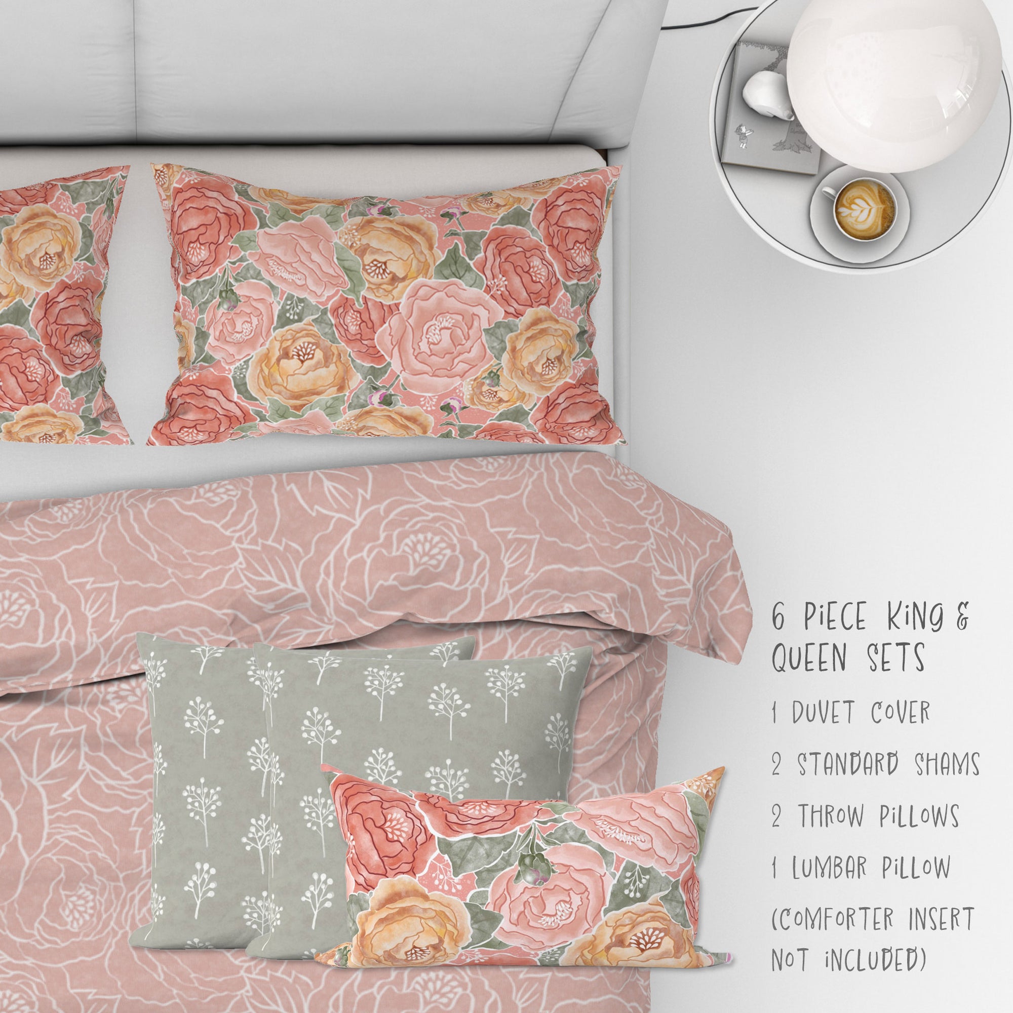 6 Piece Sets for Queen & King sizes - Pretty In Peony Line on Pink comes with Duvet cover, two Shams, 2 18” Throw Pillows and 1 Lumbar Pillow