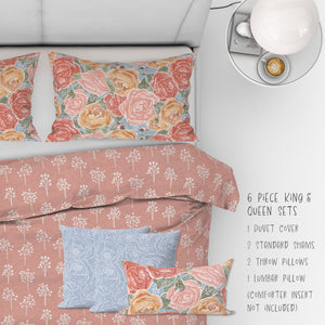 6 Piece Sets for Queen & King sizes - Pretty In Peony Baby’s Breath Pink comes with Duvet cover, two Shams, 2 18” Throw Pillows and 1 Lumbar Pillow
