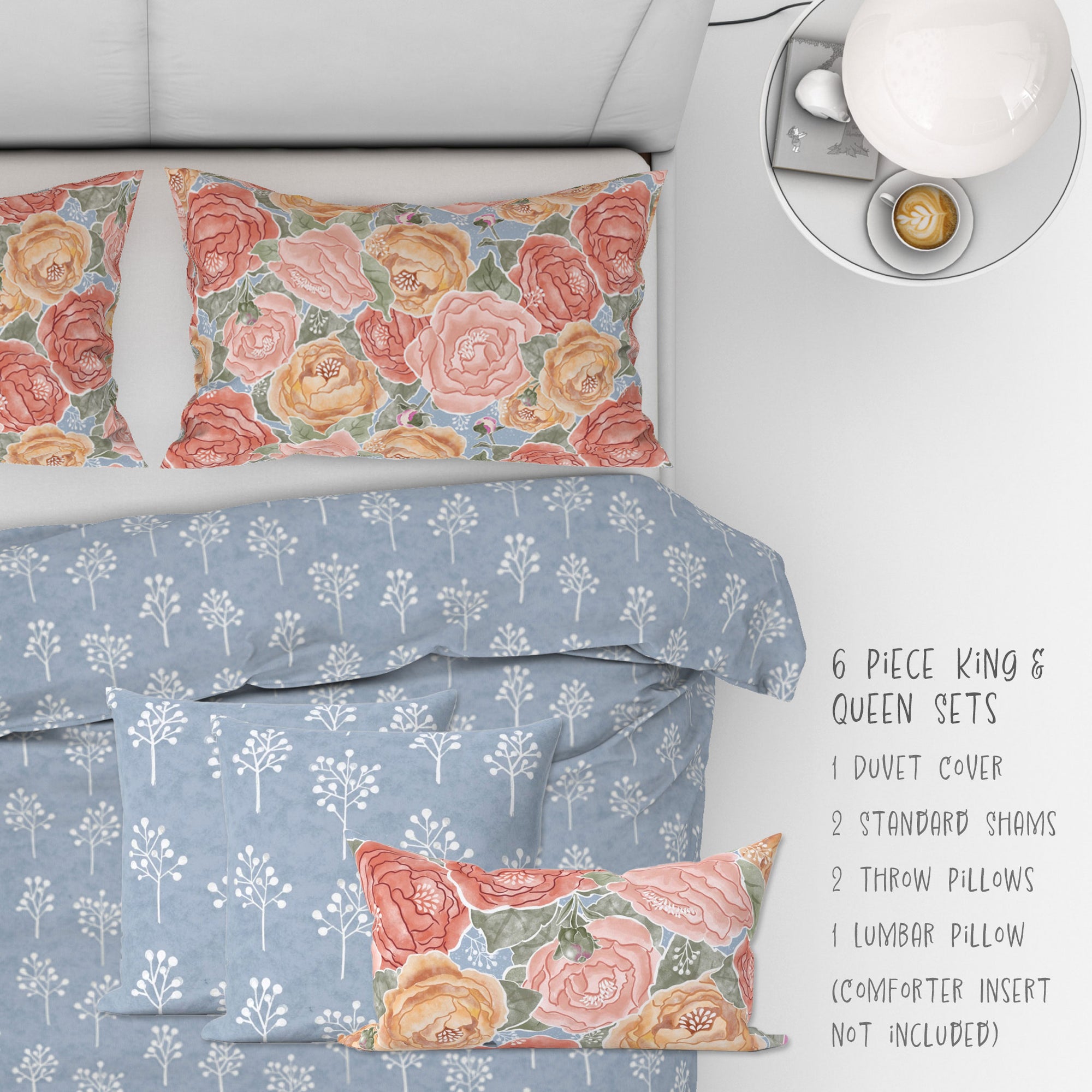 6 Piece Sets for Queen & King sizes - Pretty In Peony Baby’s Breath Blue comes with Duvet cover, two Shams, 2 18” Throw Pillows and 1 Lumbar Pillow