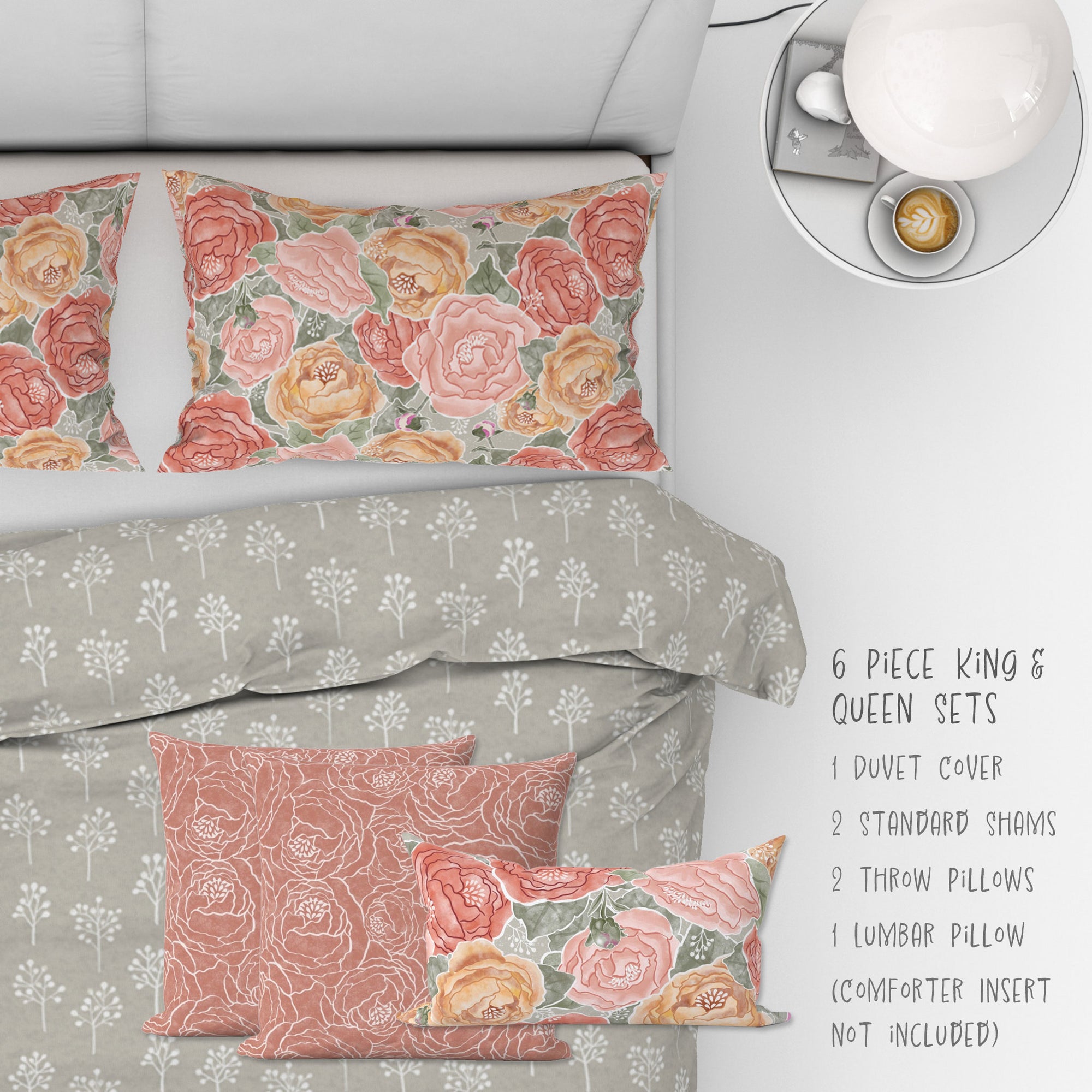 6 Piece Sets for Queen & King sizes - Pretty In Peony Baby’s Breath Sage comes with Duvet cover, two Shams, 2 18” Throw Pillows and 1 Lumbar Pillow