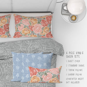 6 Piece Sets for Queen & King sizes - Pretty In Peony Line on Gray comes with Duvet cover, two Shams, 2 18” Throw Pillows and 1 Lumbar Pillow