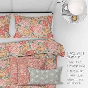 Pretty in Peony Bedding Collection with Amber Background. Buy a three piece set: 2 shams and duvet or as 6 piece set: 2 shams, duvet, 2 throw pillows, and 1 lumbar
