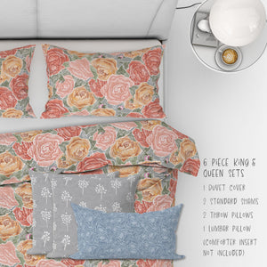 Pretty in Peony Bedding Collection with Gray Background. Buy a three piece set: 2 shams and duvet or as 6 piece set: 2 shams, duvet, 2 throw pillows, and 1 lumbar