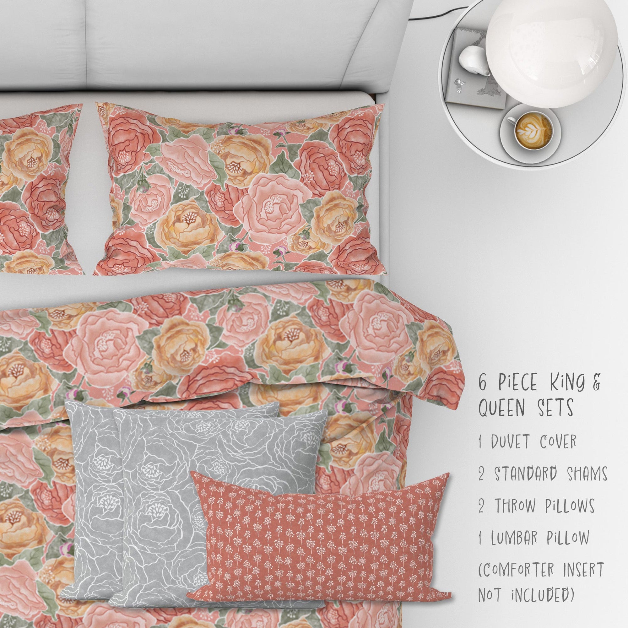 Pretty in Peony Bedding Collection with Pink Background. Buy a three piece set: 2 shams and duvet or as 6 piece set: 2 shams, duvet, 2 throw pillows, and 1 Lumbar