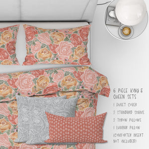 Pretty in Peony Bedding Collection with Pink Background. Buy a three piece set: 2 shams and duvet or as 6 piece set: 2 shams, duvet, 2 throw pillows, and 1 Lumbar