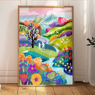 Colorful Landscape Painting of the Garden of Eden with Adam and Eve