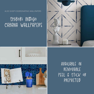 Shibori Indigo Cabana Peel & Stick and Prepasted Wallpaper. Both are removable when you are ready to change your decor.